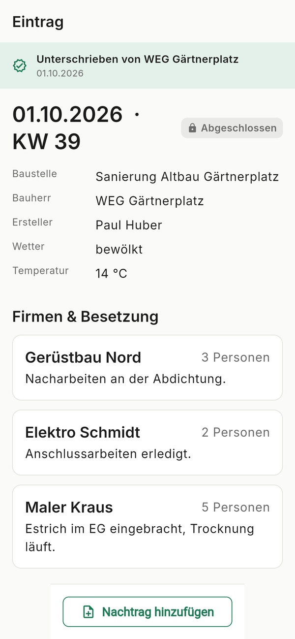 kareu Handy-App: abgeschlossener Eintrag, vom Bauherrn unterschrieben, mit Firmen und Personenzahl