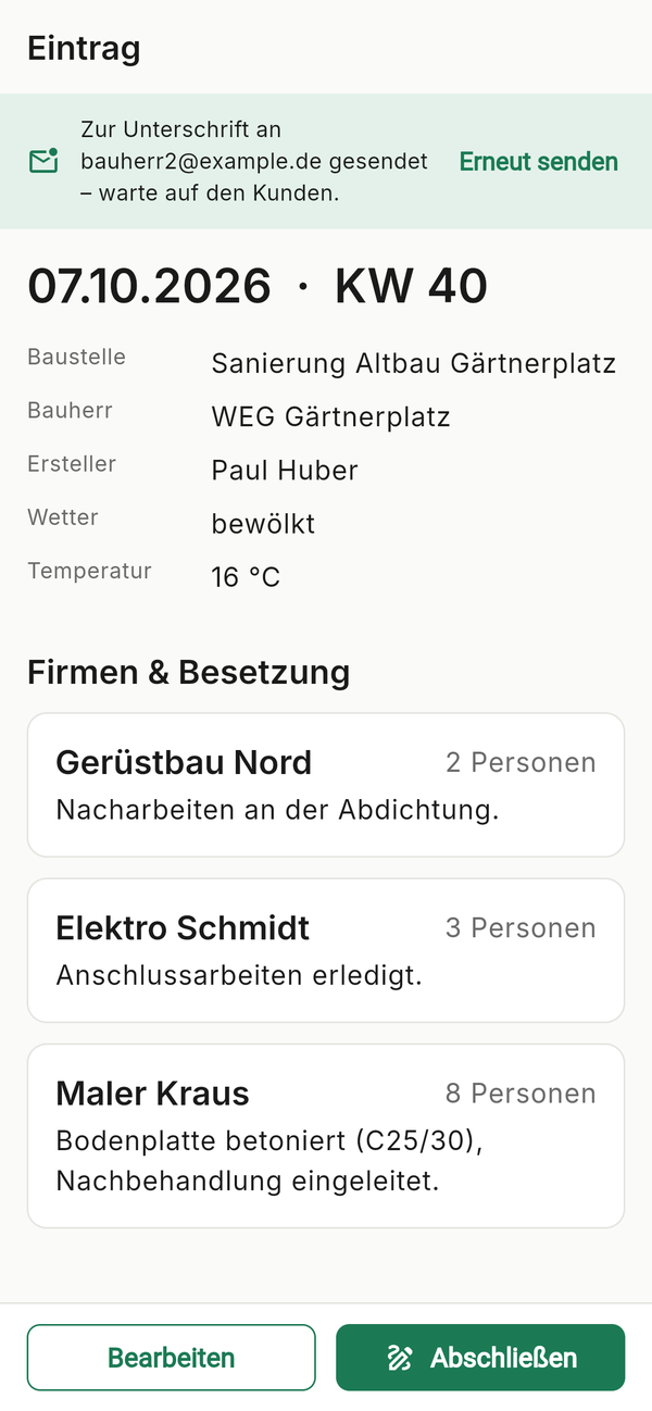 kareu Handy-App: Eintrag wurde zur Unterschrift an den Bauherrn gesendet, Firmen und Besetzung