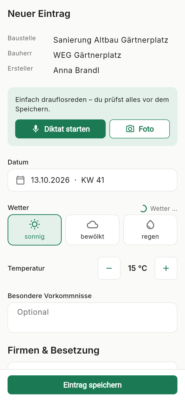 kareu Handy-App: neuer Bautagebuch-Eintrag mit Diktat-Button, Foto, Datum, Wetter und Temperatur